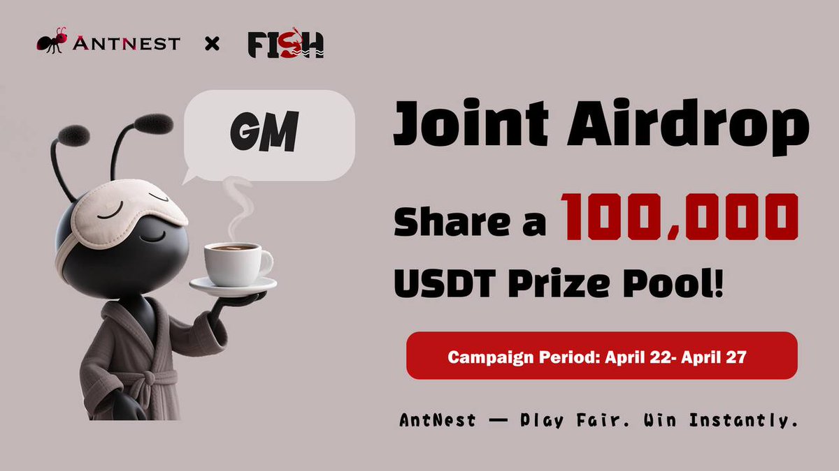 🎉 FISH × AntNest Joint #Airdrop is LIVE!

🎁 Up to 100,000 USDC Genesis Airdrop Pool!

👇 3 steps to join:
1️⃣ Follow <a href="/_fishyield/">FISH</a> &amp; <a href="/antnestglobal/">AntNest</a>
❤️ Like &amp; 🔁 RT this post, drop your address(Base Chain) in the comments to be eligible for the airdrop!
2️⃣ Join both communities.