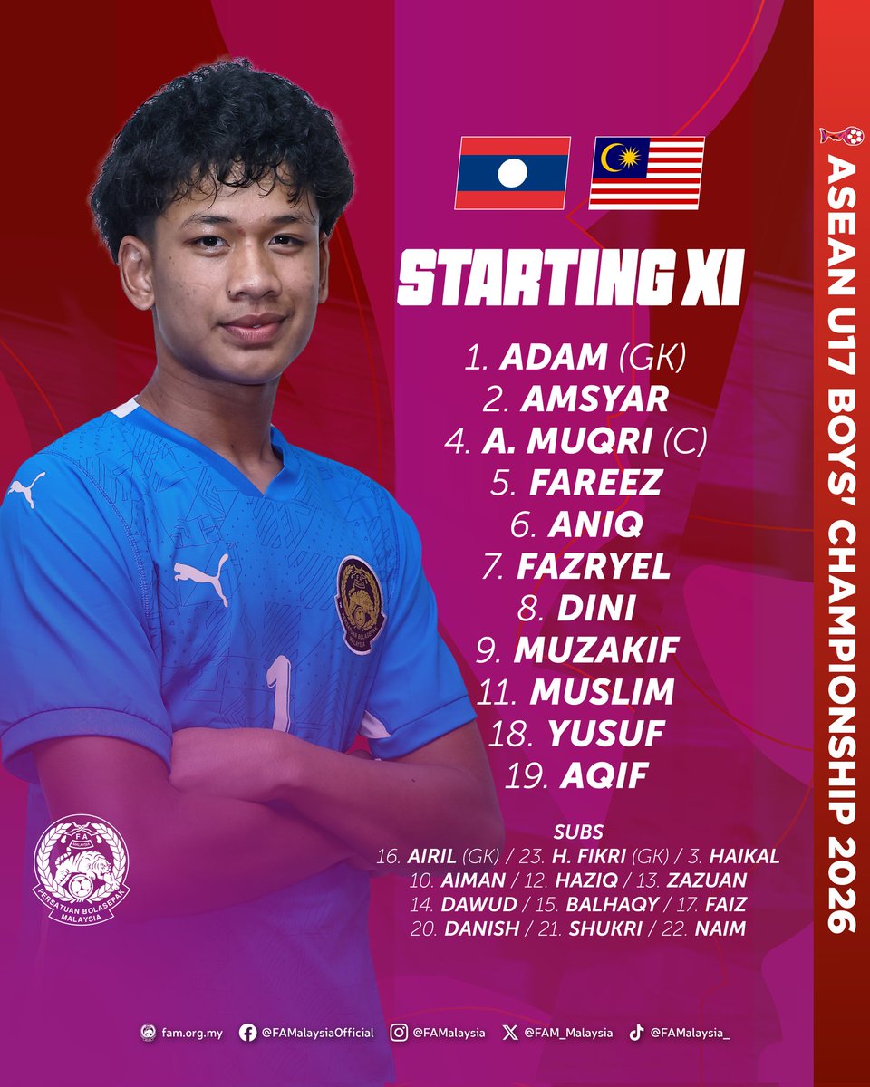 FAM_Malaysia's tweet image. Kesebelasan Utama &amp;amp; Pemain Simpanan Skuad Harimau Malaya B-16

Separuh Akhir • Kejuaraan B-17 ASEAN 2026

⚽ LAOS 🇱🇦 🆚️ 🇲🇾 MALAYSIA
🗓️ Rabu, 22 April 2026
🕟 4:30 petang ini (Waktu Malaysia)
🏟 Gelora Delta Sidoarjo, Indonesia

#FAM #HarimauMalaya #ASEANU17 #DemiLencanaDiDada