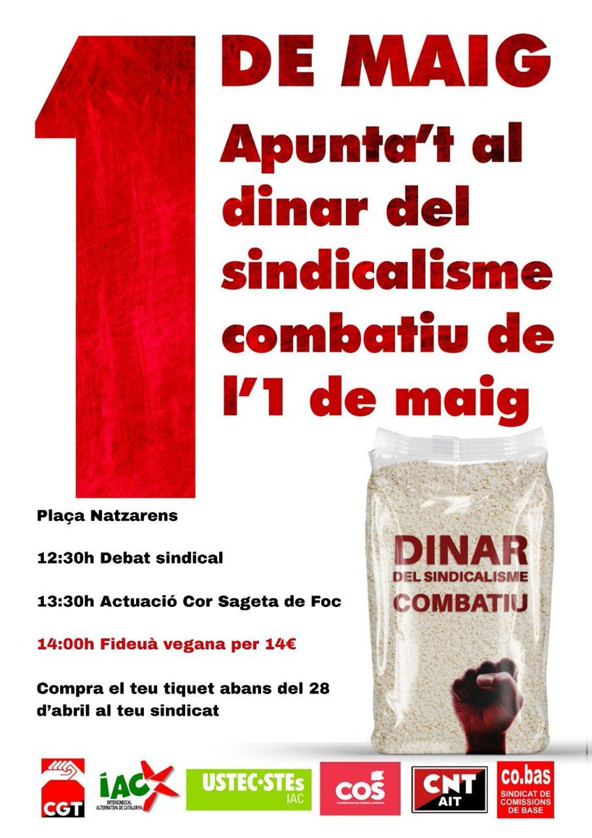COS_elCamp's tweet photo. 🔴 #1Maig | ACTES PREVIS A #TARRAGONA

28/04 TAULA RODONA amb els sindicats de la Taula Sindical

01/05 DINAR DEL SINDICALISME COMBATIU
▪️Debat sindical
▪️ Actuació del Cor Sageta de Foc

Contacta amb nosaltres per comprar el tiquet!

#TriaelRoig https://t.co/eAovxX3aYH