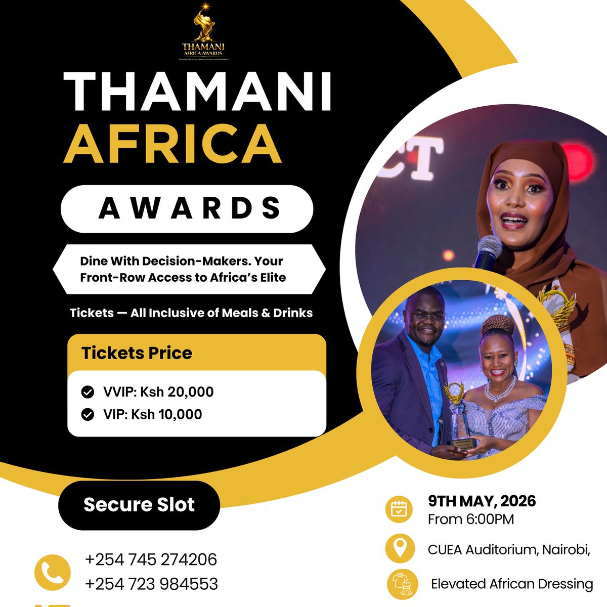 Thamaniawards's tweet photo. Thamani Africa Awards 2026 Gala Dinner*  
 Tuesday, 9th September 2026  
From 6:00 PM  
Catholic University of Eastern Africa, Nairobi  

An evening of recognition, influence, and connection. Network with top business leaders, political leaders,among others https://t.co/MAQOLnhXiS