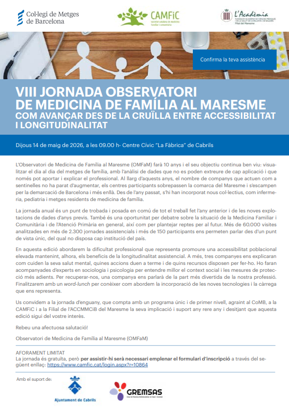CAMFiC's tweet photo. L'#OMFaM porta 10 anys posant veu al dia a dia de la #MedicinaDeFamília amb dades úniques.
Vine a la VIII Jornada de l'Observatori de Medicina de Família al Maresme on debatrem accessibilitat, longitudinalitat i salut mental. 📅 15 de maig a Cabrils
🔗https://t.co/GdwewV4dFP https://t.co/6dND2uiSDo