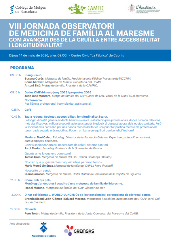 CAMFiC's tweet photo. L'#OMFaM porta 10 anys posant veu al dia a dia de la #MedicinaDeFamília amb dades úniques.
Vine a la VIII Jornada de l'Observatori de Medicina de Família al Maresme on debatrem accessibilitat, longitudinalitat i salut mental. 📅 15 de maig a Cabrils
🔗https://t.co/GdwewV4dFP https://t.co/6dND2uiSDo