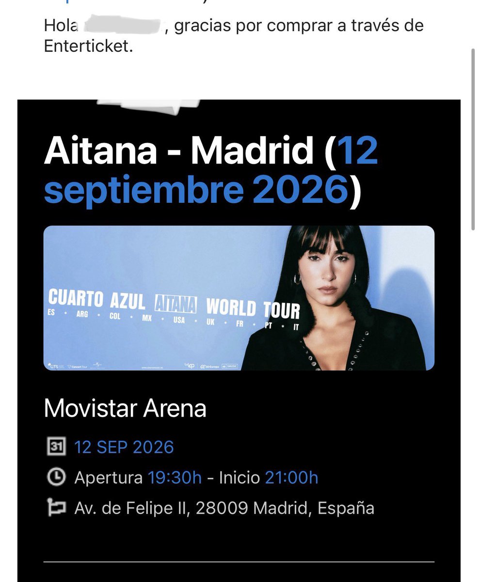 AUsyk's tweet image. SE VENDEN 2 ENTRADAS SABDO 12 MADRID PISTA #AITANA #CUARTOAZUL