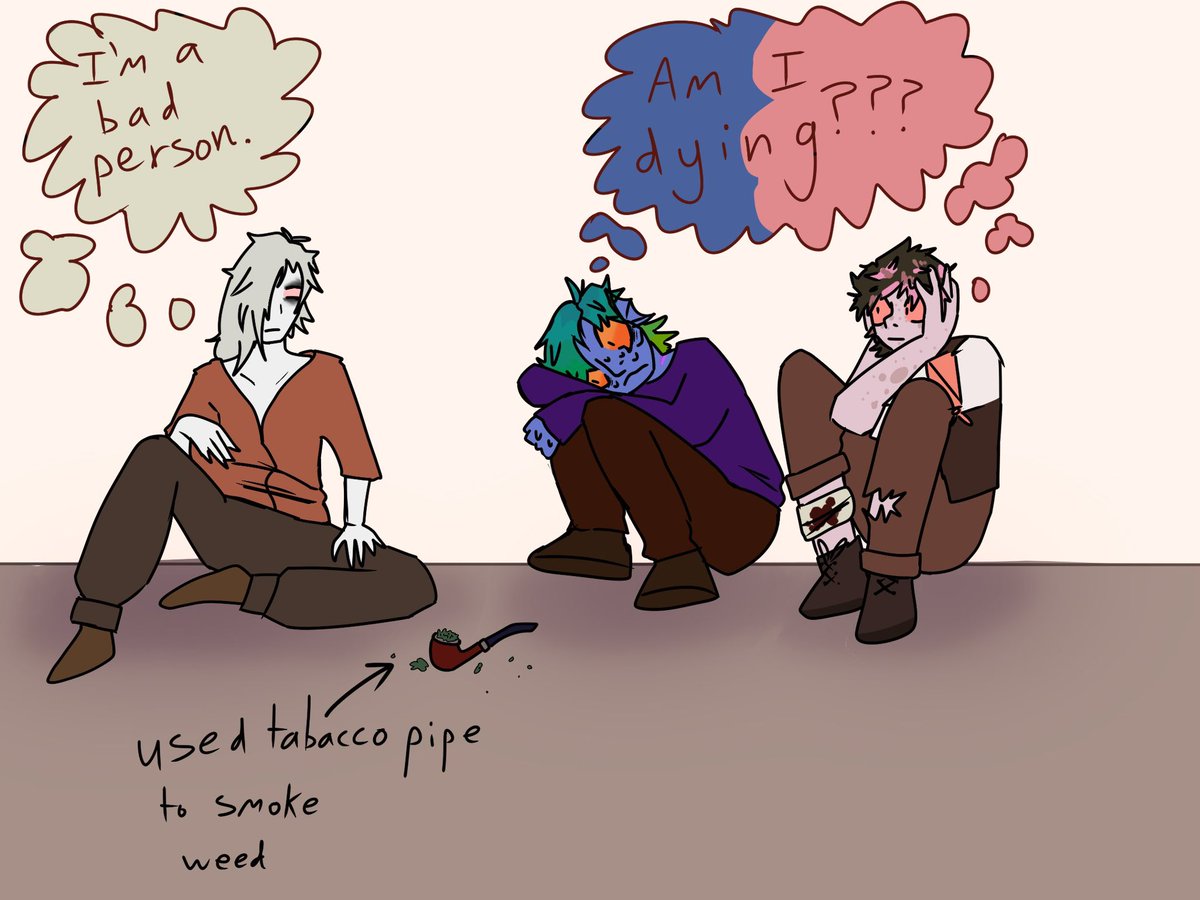 ghoopem's tweet image. Dumb ass 4/20 doodle of Cas, Mai, and Anfibo
.
.
#dnd #weed #fourtwenty #changeling #genasi #artㅤㅤㅤㅤ