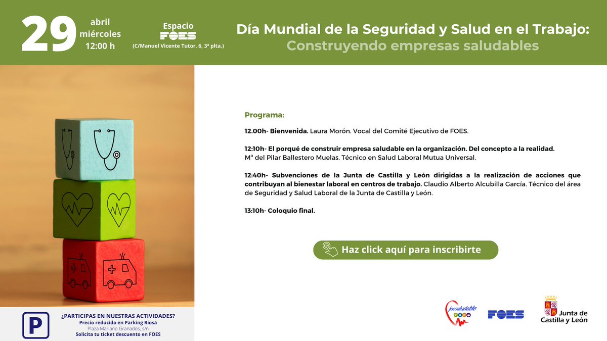 FOES_SORIA's tweet image. El día 29 celebramos el del Día Mundial de la #Seguridad y #Salud en el Trabajo con una jornada enfocada en construir empresas más saludables

📍 Lugar: Espacio FOES (C/ Manuel Vicente Tutor, 6 – 3ª planta)
📅 29 de abril | 12:00 h

🔗 Inscripciones en foes.es