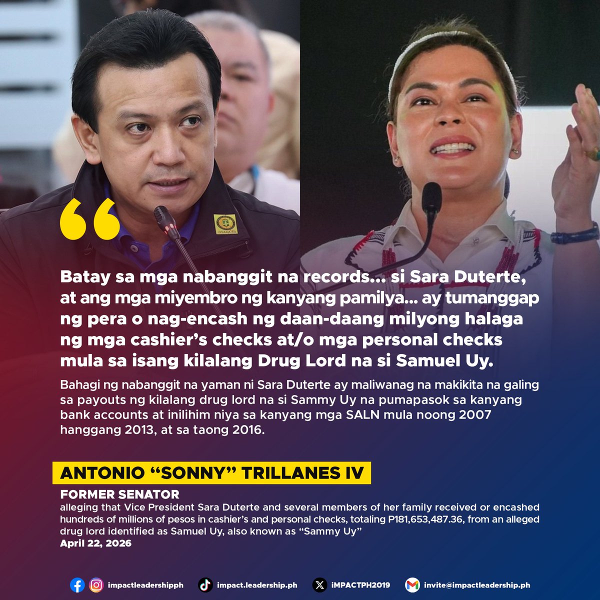 'SI SARA DUTERTE AY TUMANGGAP NG PERA MULA SA ISANG KILALANG DRUG LORD NA SI SAMUEL UY'

facebook.com/photo/?fbid=13…