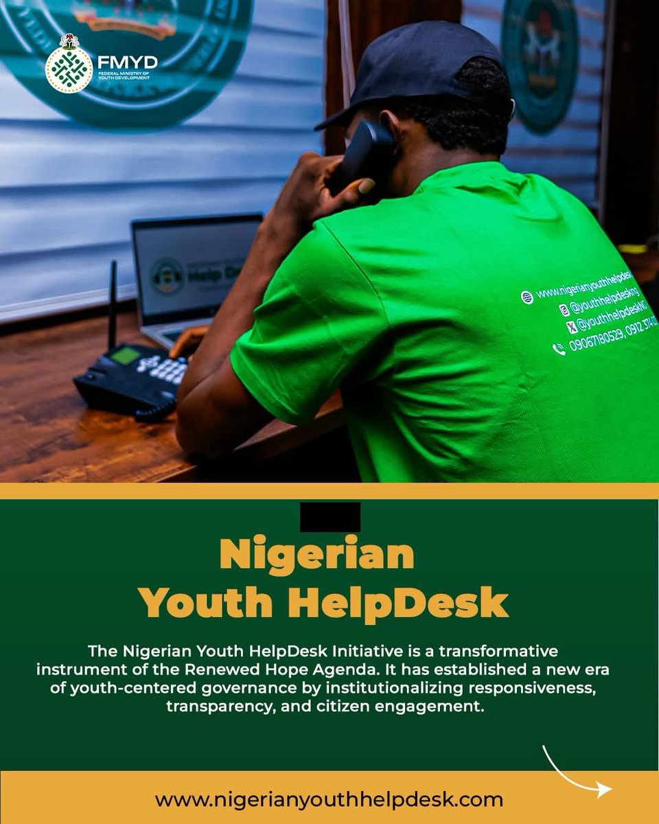 FavoriteJuliu12's tweet photo. The Federal Ministry of Youth Development’s Youth HelpDesk + Chatbot ensures young Nigerians get real-time help to access govt programmes &amp; opportunities.

No more exclusion by information gaps.

#YouthDevelopment https://t.co/TpUMLUaQt4