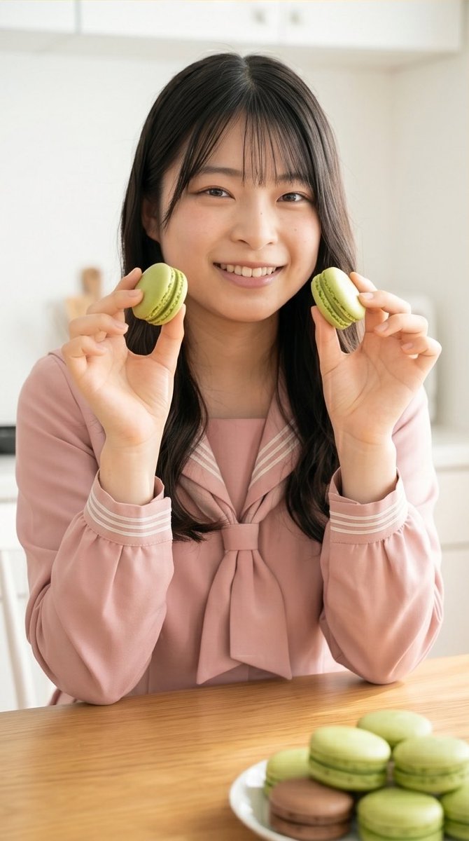 aiohmwc's tweet photo. 【企画参戦】#制服で���ー・お菓子 

丁寧にメレンゲを立てて、焼き上がりを待つ時間も幸せなひとときでした。
きれいにピエも出て、ピスタチオとココアの良い香りが漂っています。マカロン���手作り、大成功です！✨
素敵な機会をありがとうございます！✨
#aiart #マカロン #お菓子作り https://t.co/XGJGDznnRN