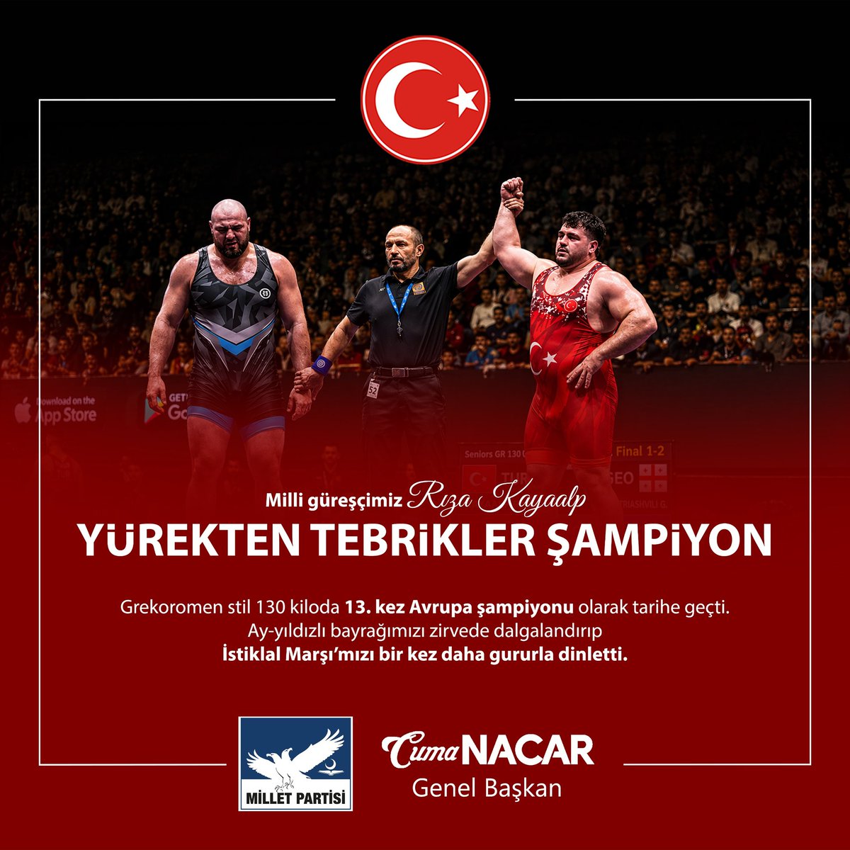 CumaNacarMP's tweet photo. Yürekten tebrikler şampiyon!

Milli güreşçimiz Rıza Kayaalp , Grekoromen stil 130 kiloda 13. kez Avrupa şampiyonu olarak tarihe geçti. Ay-yıldızlı bayrağımızı zirvede dalgalandırıp İstiklal Marşı’mızı bir kez daha gururla dinletti.

Kendisini gönülden kutluyor, başarılarının devamını diliyorum.