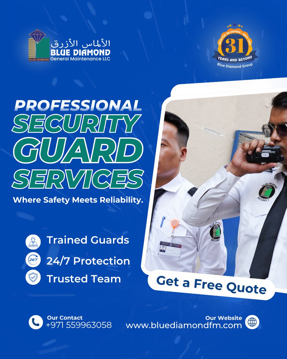 Bluediamondfm's tweet photo. Your safety is our priority 📷
Get reliable security guard services in Dubai &amp; UAE with 24/7 protection.
📷 Licensed &amp; trained guards
📷 Round-the-clock security
📷 Commercial &amp; residential coverage
📷 Get a Free Quote Now!
📷 +971 559963058
📷 https://t.co/JnwaLdslQ5
#security https://t.co/3SlnEvhM14