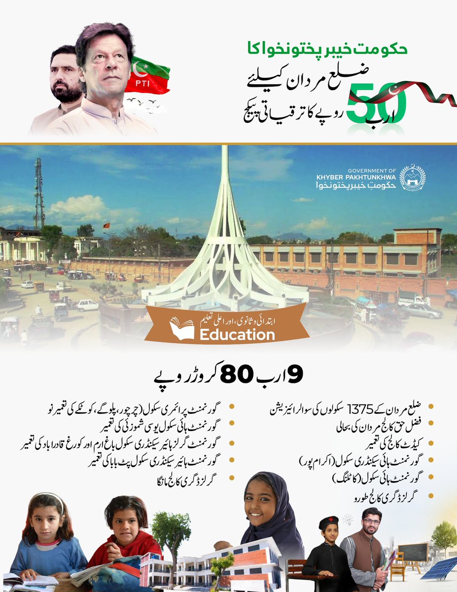 چیئرمین عمران خان کے وژن کے مطابق وزیراعلیٰ خیبرپختونخوا محمد سہیل خان آفریدی کا ضلع مردان کیلئے 50 ارب روپے کا ترقیاتی پیکج! جس میں شعبہ تعلیم کی بہتری کیلئے 9 ارب 80 کروڑ روپے کے تاریخی اور انقلابی منصوبے شامل ہیں!

#CMKP #SohailAfridi #MardanPackage #KPDevelopment #KPEducation