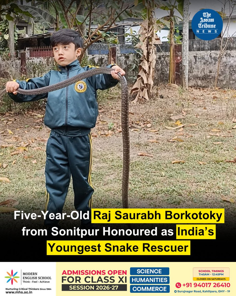 assamtribuneoff's tweet image. Five-year-old Raj Saurabh Borkotoky from Assam’s Sonitpur district has been recognised as the youngest snake rescuer in the country during a public event held as part of the 60th Luit Par Rongali Bihu Sanmilan at Bam-Parbatia in Tezpur.

Read: assamtribune.com/assam/sonitpur…

#assam