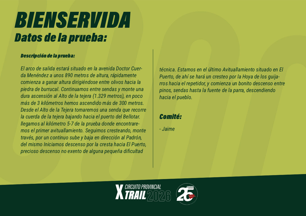 DipualbaDeporte's tweet image. 🚩 #Trail | Este es el perfil y descripción de la X Carrera de Trail de #Bienservida, 6ª prueba del Circuito.

📅 Domingo 26 de abril, a las 09:30 h. ¡Inscripciones! 👇 
-Trail: deportes.dipualba.es/Deportes/Ficha…  
-Iniciación: deportes.dipualba.es/Deportes/Ficha… 
-Copa Trail: deportes.dipualba.es/Deportes/Ficha…