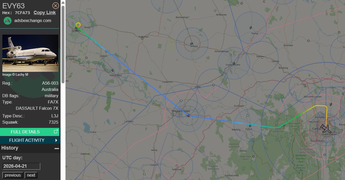 raaf_vip's tweet image. Back to base.

Route: Griffith (GFF) - Canberra (CBR)
🛫: 06:27 UTC on 21/04/2026
🛬: 07:04 UTC

#RAAF #Canberra