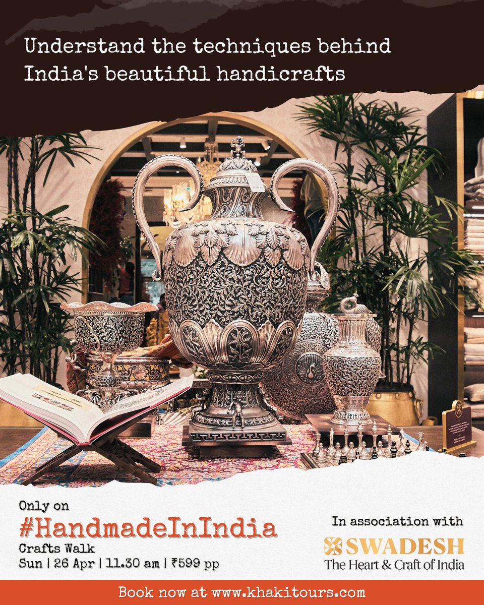 Khaki_Tours's tweet image. Understand the fascinating world of Indian handicrafts. Only on our #HandmadeInIndia Crafts Walk in association with @Swadesh_Online.

📌Sun | 26 Apr | 11.30 AM

Price: ₹599 pp

➡️Book now at: bit.ly/4csYUHf

#Craft #Swadesh #Handmade #IndianHandicrafts