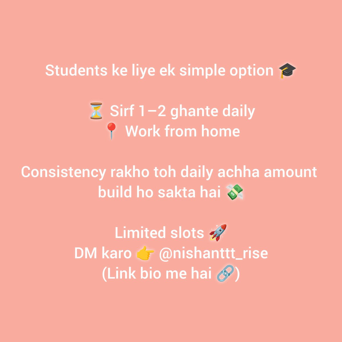 LiamVoice232246's tweet image. Limited slots open 🚨
Serious log hi DM karein 👉 @nishanttt_ris
(Link bio me hai 🔗)

⚠️ Disclaimer: Ye koi get-rich-quick ya guaranteed income scheme nahi hai. Results aapki consistency aur effort par depend karte hain.

#workfromhome #onlinework #studentlife