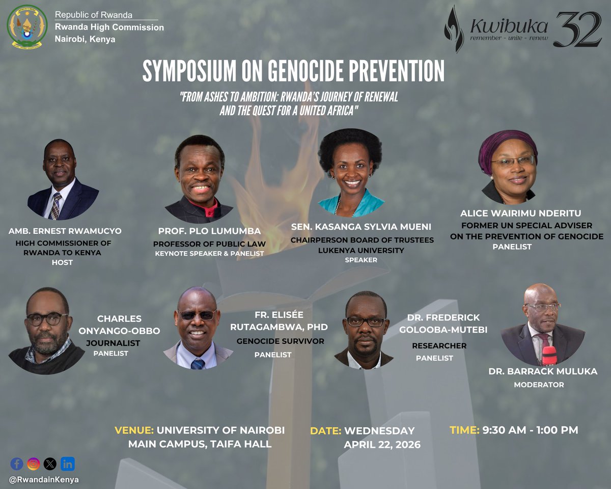 RwandaInKenya's tweet photo. JUST IN: More than 300 people are gathered at the University of Nairobi for the Symposium on Genocide Prevention.

You can follow the event live using the link below:
https://t.co/oIY8T5KxF5
#Kwibuka32 https://t.co/FVIXgnoreq