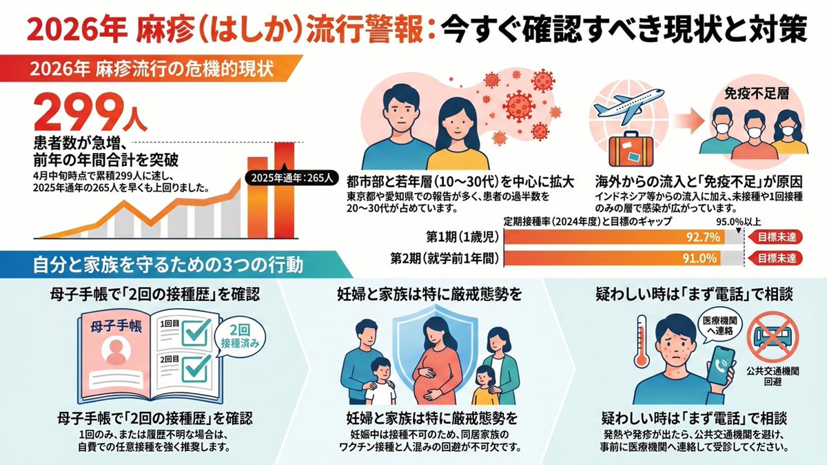 HospitalAdachi's tweet photo. 麻疹の流行が気になる今、
妊婦さんと赤ちゃんを守るために、あらためて備えを確認したい時期です。

妊娠中はワクチンを接種できないため、
ご本人だけでなく、ご家族の接種歴の確認も大切です。
気になる症状がある時は、まずお電話でご相談ください。

#足立病院 #麻疹 #はしか #妊婦 https://t.co/b5ri2U4WV1