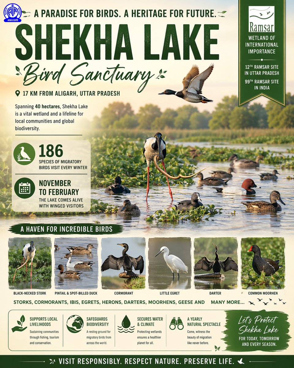 AkashvaniAIR's tweet photo. Shekha Lake is where nature truly takes flight! 

Spread over 40 hectares near Aligarh, this stunning bird sanctuary hosts 180+ migratory species every winter 

Now recognized as a Ramsar Site (99th in India), it’s a vital hub for biodiversity, climate balance & local livelihoods 

From November to February, watch storks, herons, ducks & geese turn this lake into a living paradise

#EarthDay #RamsarSite #WetlandsConservation #ShekhaLake #Aligarh #UttarPradesh #BirdSanctuary #BirdConservation #waterparadise🌊

@moefcc @MIB_India @airnewsalerts