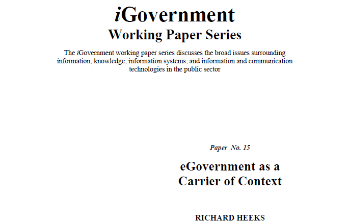 CDDManchester's tweet image. Classic papers of #ICT4D:

#eGovernment as a Carrier of Context

PDF: hummedia.manchester.ac.uk/institutes/gdi…