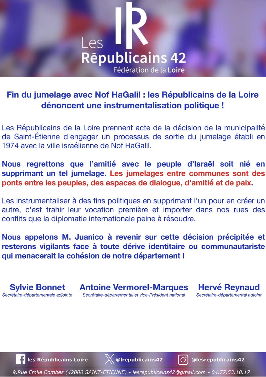 lrepublicains42's tweet photo. | COMMUNIQUÉ DE PRESSE |

Notre Secrétaire départemental @antoinevermorel, ses Adjoints @SylvieBonnet_42 et @Herve_Reynaud ainsi que le Bureau exécutif @lrepublicains42 dénoncent une instrumentalisation politique, suite à la fin du jumelage de @saint_etienne_ avec Nof HaGalil ! https://t.co/rzN3otxF62