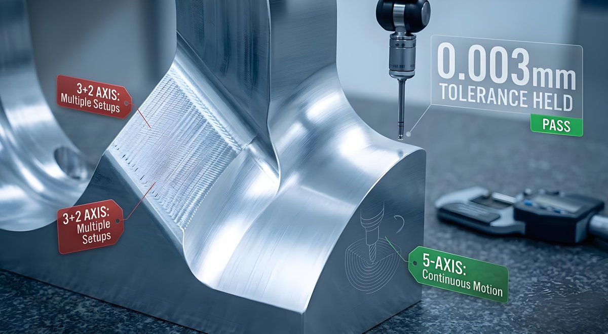 YINGJUN01016909's tweet image. 5-Axis vs 3+2 Axis: Stop paying the "Micron Tax."
Every manual setup change is a gamble with your precision.
*3+2 Axis: 5 setups = Cumulative error.
*5-Axis: 1 setup = Perfect integrity.
We cut scrap rates by 30% just by staying in one setup.
#CNC #5Axis #ManufacturingIndustry