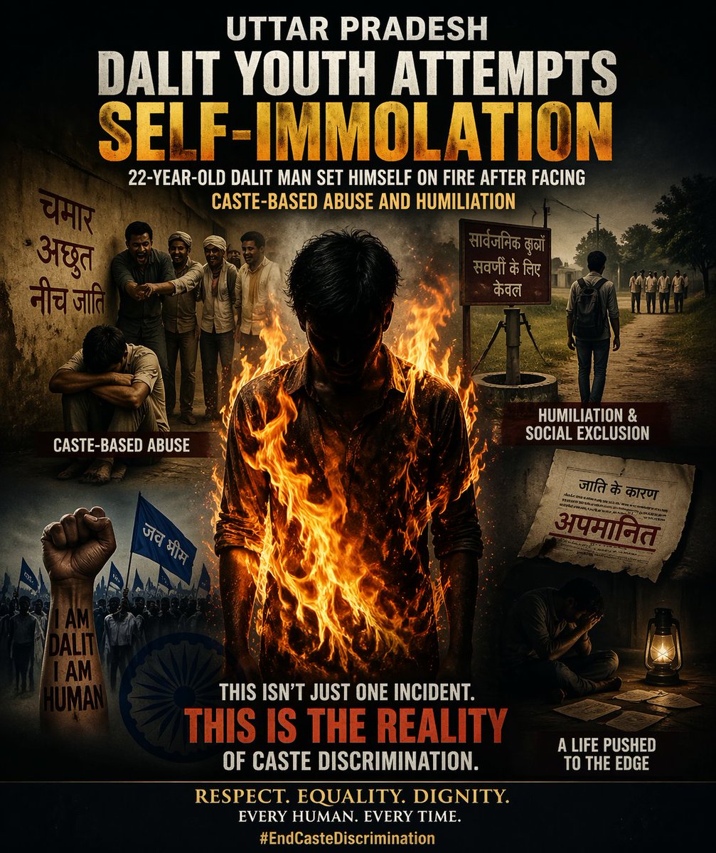 senehax's tweet photo. 🔥 A Dalit youth attempts self-immolation after enduring caste-based abuse in Uttar Pradesh. This is the harsh reality of discrimination.

#EndCasteDiscrimination #JusticeForAll https://t.co/sWvD46VWR8