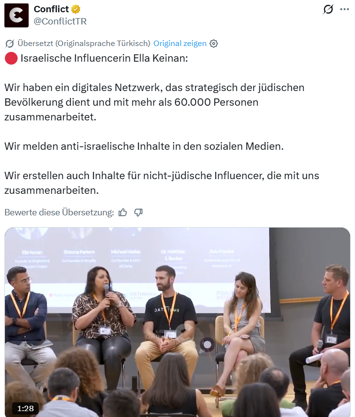 MASAOMORITR's tweet photo. 🔴 #Israel Influencerin Ella Keinan:  

''Wir haben ein digitales #Netzwerk, das strategisch der jüdischen Bevölkerung dient und mit mehr als 60.000 Personen zusammenarbeitet.  Wir melden anti-israelische Inhalte in den sozialen Medien.  Wir erstellen auch Inhalte für nicht-jüdische #Influencer, die mit uns zusammenarbeiten.''