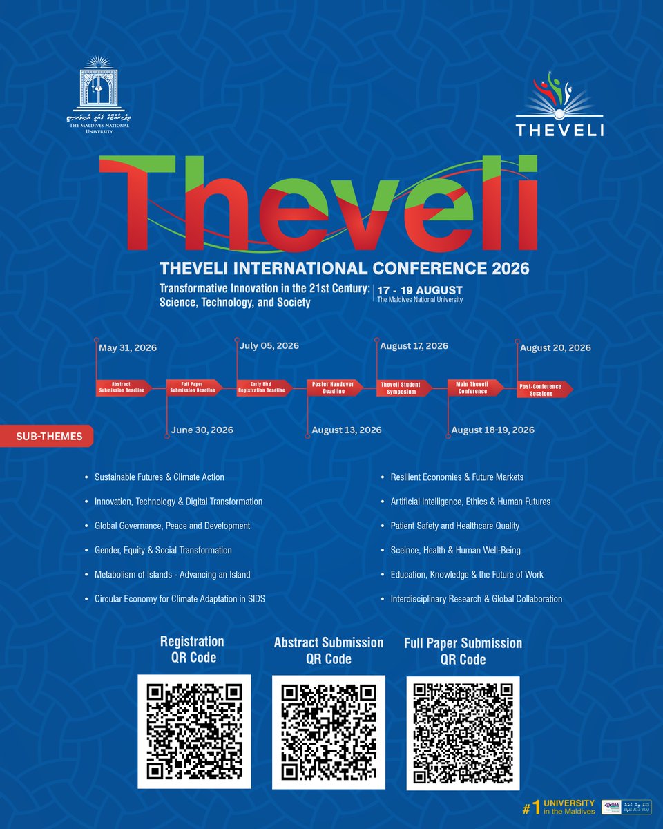 MNUedu's tweet photo. Theveli International Conference 2026 brings together thought leaders, researchers, and innovators to explore “Transformative Innovation in the 21st Century: Science, Technology, and Society.”

Join us in advancing impactful dialogue across diverse sub-themes—from sustainability and digital transformation to healthcare, governance, and the future of work.

📅 Stay on track with key submission deadlines and conference dates outlined above.
📌 Scan the QR codes to register, submit abstracts, and full papers.

Be part of a platform that fosters knowledge exchange, interdisciplinary collaboration, and solutions for a rapidly evolving world.