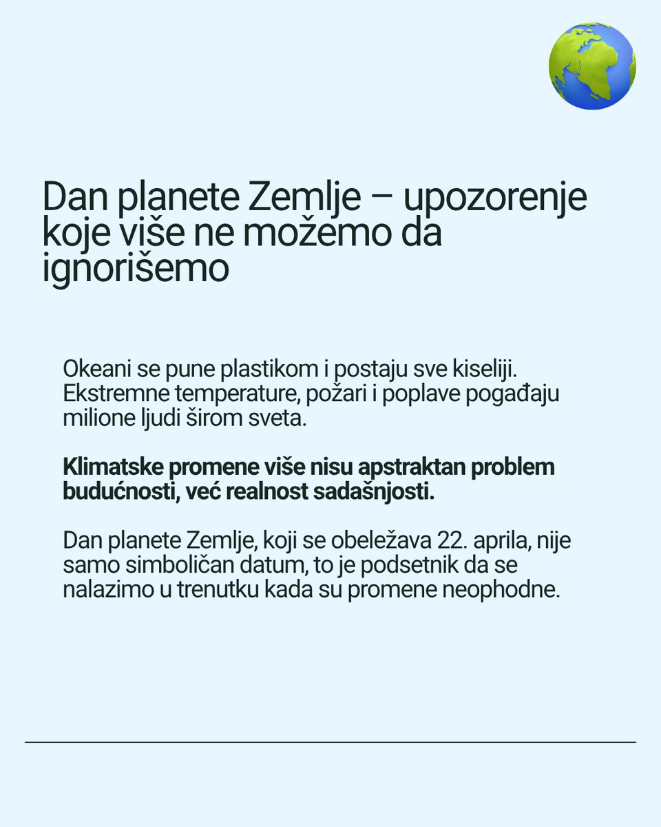 GradjanskiCenSr's tweet photo. 🌍 #Earth is sending us a message, are we listening?

Climate change is happening now: rising temperatures, plastic-filled oceans, and extreme weather.

Change isn’t optional anymore. It starts with us.

#EarthDay #ClimateAction #SaveOurPlanet #Sustainability https://t.co/m7RSzTVrhX