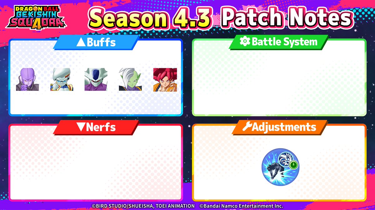 DB_Squadra's tweet image. 📝Season 4.3 Patch Notes Now Available!
Here are the patch notes detailing the balance adjustments and bug fixes implemented with the launch of Season 4.3.

dbg-squadra.bn-ent.net/en-us/news/g8l…

#GekishinSquadra #Squadra #DragonBall