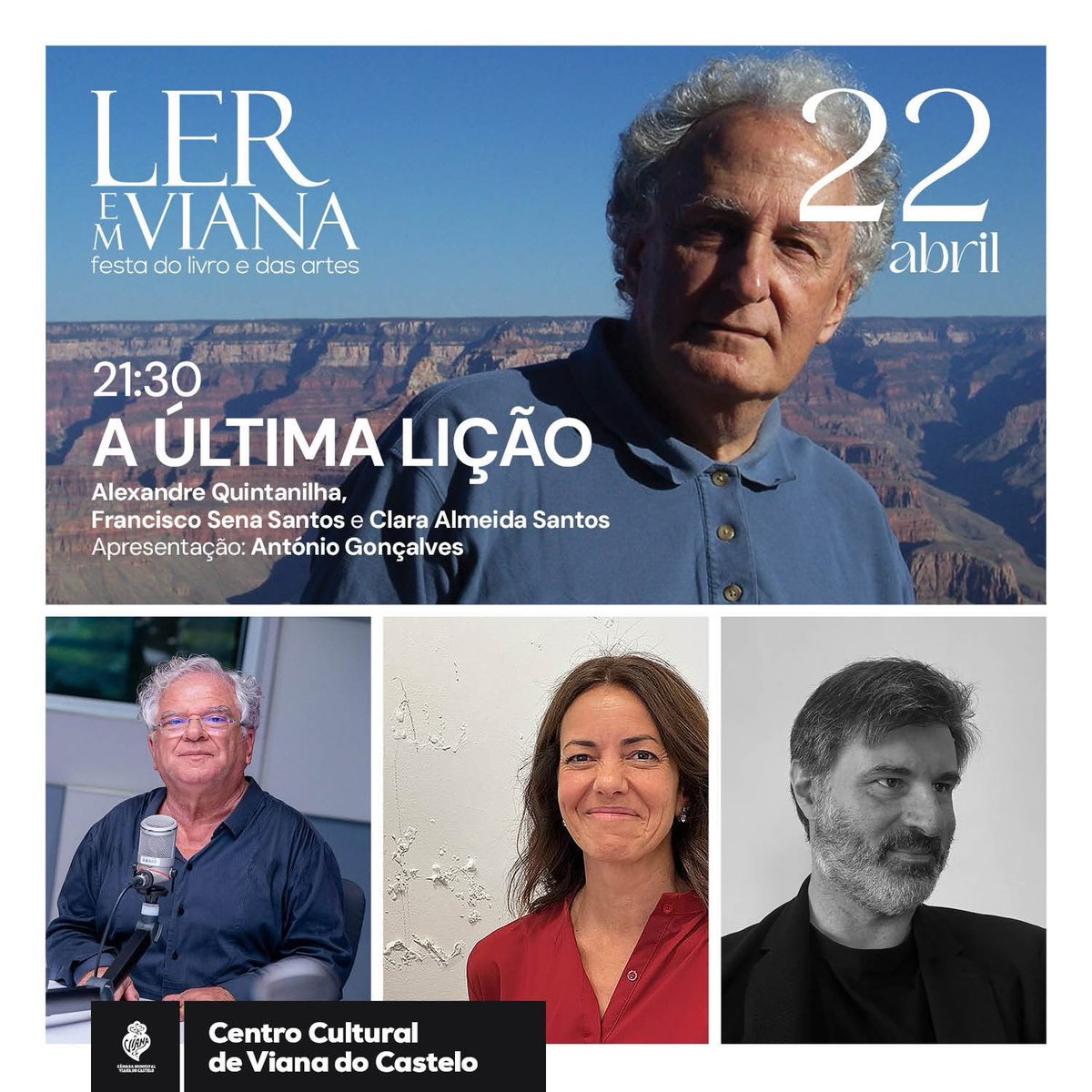 📷Ler em Viana _ HOJE
14h45 |Tempo das Escolas com ilustração “Janelas de Luz”, por Maria João Worm
21h30 |A última Lição, com Alexandre Quintanilha, Francisco Sena Santos e Clara Almeida Santos, apresentado por António Gonçalves
📷Segunda a domingo-14h30 às 23h30