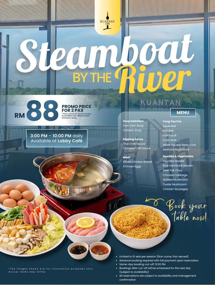 hanasyafqah's tweet photo. Tak tahu nak buat apa di Kuantan?
Kami dah sediakan pengalaman lengkap dari pagi sampai malam.

🌅 Sunrise @ Skydeck
🍲 Steamboat By The River
🌇 Sunset Weekend Sensation

📍 Kuantan 188

PM for details.

@Twt_Kuantan @KuantanTV @KuantanOnline https://t.co/deShw7W0HU