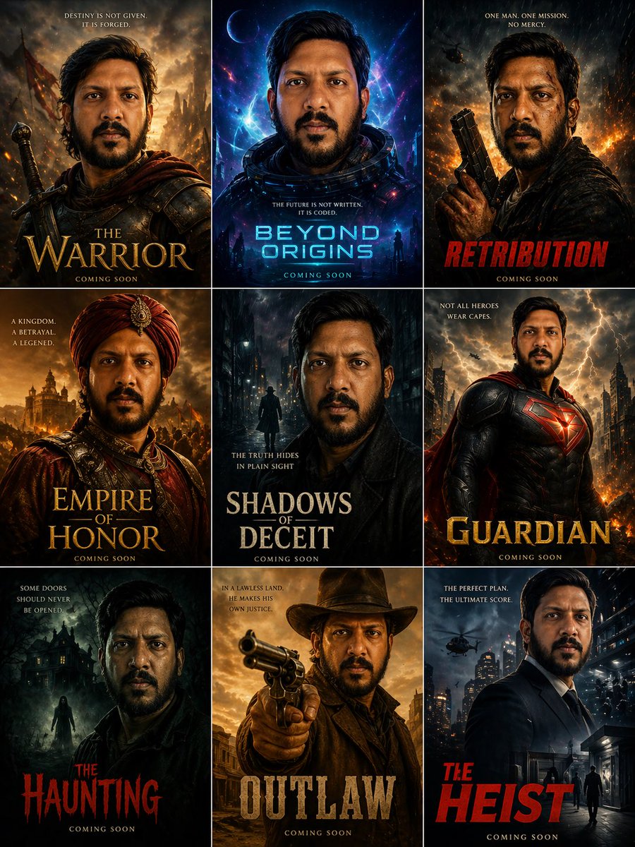 changed prompt as below,

Create an array of epic movie posters that showcase this person in different genres