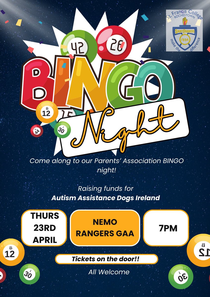 rococork's tweet photo. Bingo Night TOMORROW! Come down to Nemo Rangers and support @autismdogsirl 🐶 Autism Assistance Dogs Ireland are supporting us in our preparation for our new support dog next year! Lots of prizes on the night! Tickets can be purchased on the door at the night or on Easy Payments https://t.co/yn0KIycaC4