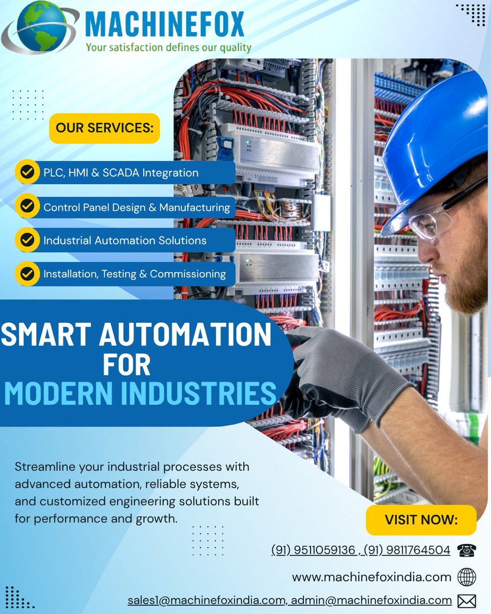 Machinefoxindia's tweet image. Smart automation is the future of modern industries.

Machinefoxindia offers PLC, HMI &amp;amp; SCADA integration, control panel manufacturing, and complete industrial automation solutions to boost efficiency and reduce downtime.

Visit: machinefoxindia.com