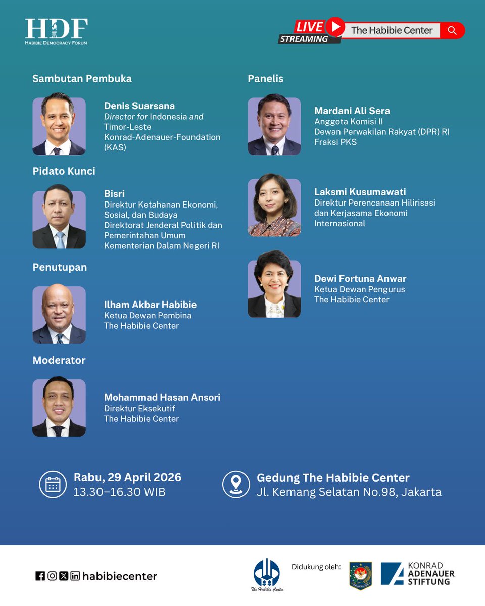 habibiecenter's tweet photo. The Habibie Center didukung @KASIndonesia dan @BPSDMkemendagri,
menghadirkan Dialog Demokrasi sebagai ruang pertukaran gagasan lintas pemangku kepentingan untuk menjawab tantangan ini secara kritis dan konstruktif. https://t.co/063zl9YIRx