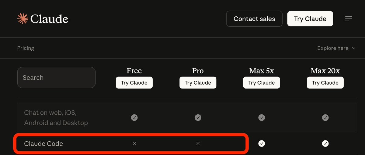 botter_code's tweet photo. wait what? claude code is now removed from the pro plan @AnthropicAI https://t.co/7rI7ZnsSkC