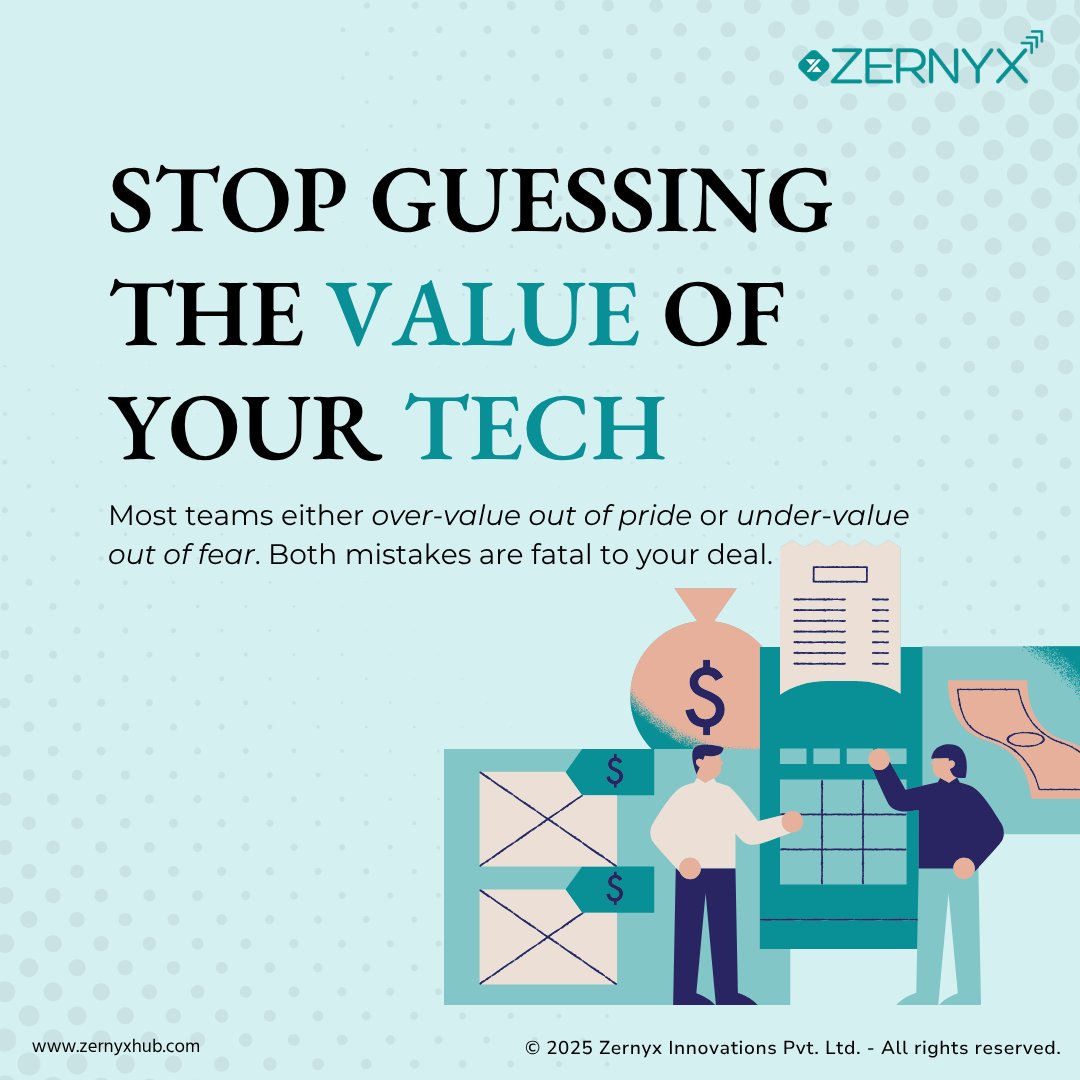 Zernyxhub's tweet photo. "What's your tech worth?"
Most teams guess.
3 Frameworks:
→ Cost (the floor)
→ Market (comparables)
→ Income (future earnings)
Note: TRL 4 is not worth TRL 8. Don't overprice.
#IPValuation #TechLicensing #ZernyxHub https://t.co/gUbdnXctCm
