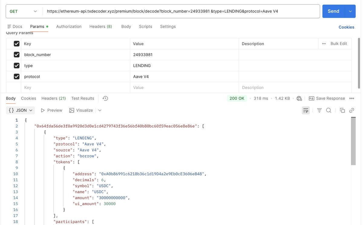 txdecoder_xyz's tweet photo. Aave V4 Now Supported 

With this addition, you can now:

- Access structured and human-readable transaction data from Aave V4

- Stream real-time lending, borrowing, and liquidation activities

- Integrate decoded Aave V4 data directly via our APIs and WebSocket streams