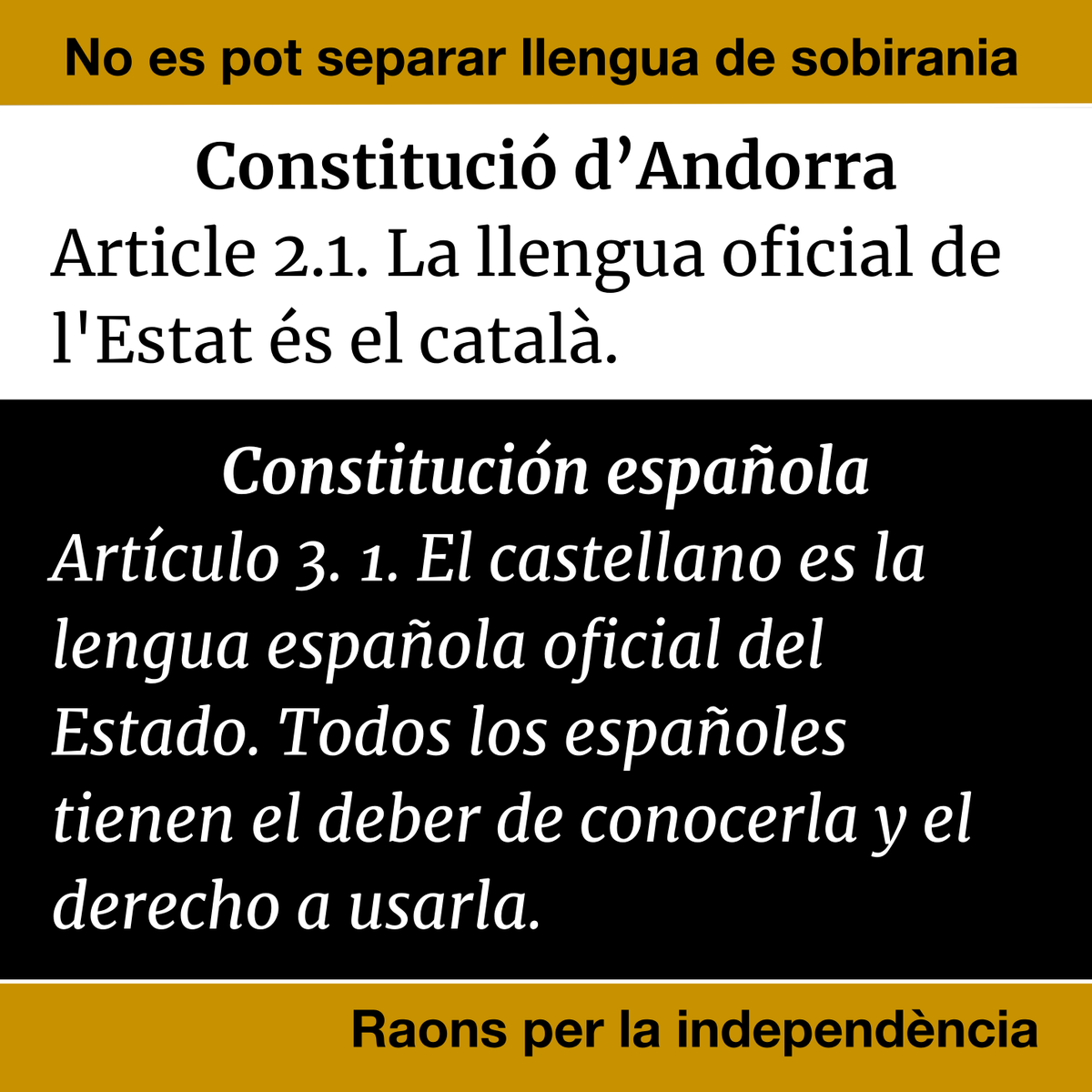 Dins l’Estat espanyol, el català mai tindrà el reconeixement i la protecció que necessita.
Segons la Constitució espanyola, per als catalans és un deure conèixer el castellà; però no és un deure conèixer el català. #raonsperlaindependència