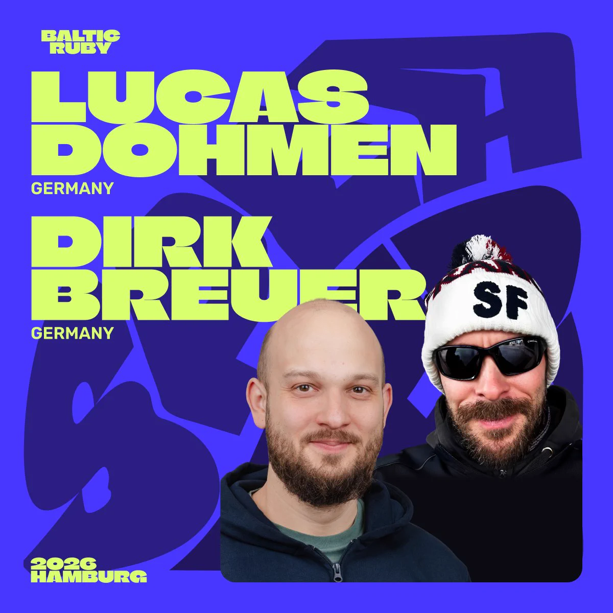 Speakers Lucas Dohmen and Dirk Breuer on a Baltic Ruby poster background, blue design, two men, one in a hoodie, the other in a hat and sunglasses.