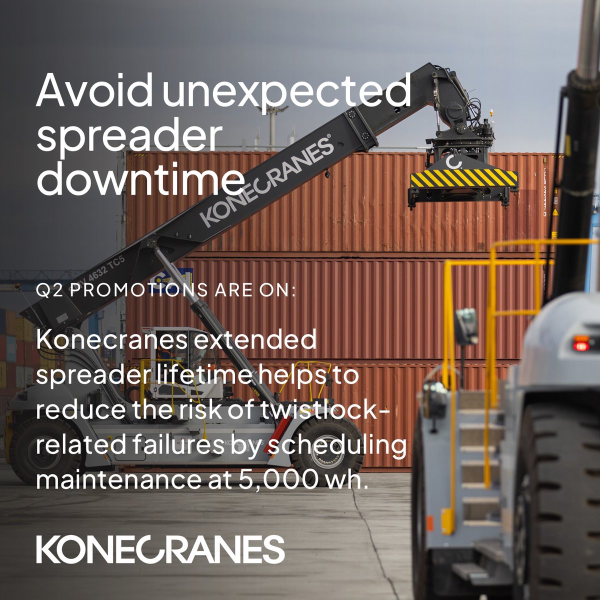 KCLiftTrucks's tweet image. Few things slow operations like unplanned twistlock failures. Plan #maintenance every 5,000 hours with the Konecranes Extended Spreader Lifetime upgrade—safer, more reliable container handling and less downtime. okt.to/HeuMJr
#kclifttrucks #promotions #productivity