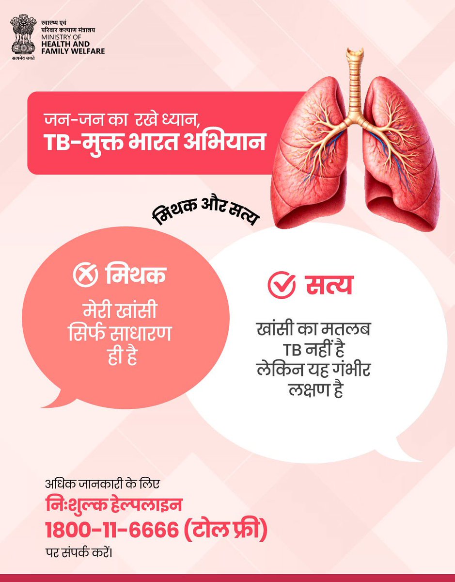 खांसी को हल्के में लेना भारी पड़ सकता है।

हर खांसी साधारण नहीं होती—यह टीबी का लक्षण भी हो सकती है।समय पर जांच और इलाज ही बचाव का सही रास्ता है।

जन-जन का रखें ध्यान, टीबी-मुक्त भारत अभियान को बनाएं सफल।

#TBMuktBharat