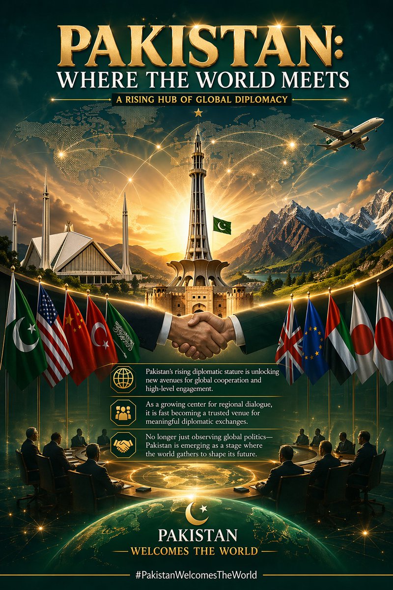 Awaz_e_Badin's tweet photo. پاکستان آج ایک ایسے مقام پر کھڑا ہے جہاں اس کی سرزمین عالمی روابط، سفارتکاری اور ثقافتی ہم آہنگی کا مرکز بنتی جا رہی ہے۔
دنیا بھر سے آنے والے وفود اور رہنما اس بات کی عکاسی کرتے ہیں کہ پاکستان اب ایک معتبر اور قابلِ اعتماد میزبان کے طور پر ابھر رہا ہے۔
#PakistanWelcomesTheWorld https://t.co/e3INImCMYs