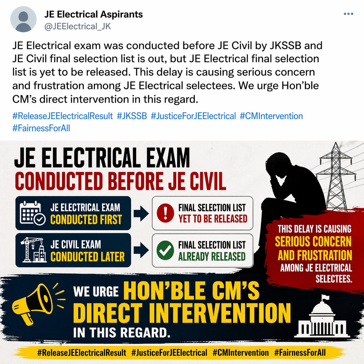 yawer_Says's tweet photo. JE Electrical exam was conducted before JE Civil, yet its FSL remains withheld while JE Civil results are already declared.
This unjustified delay is causing deep anxiety among deserving candidates.
We strongly urge Hon’ble CM to intervene.@OmarAbdullah @jkssbofficial https://t.co/rQWPxQOeKK