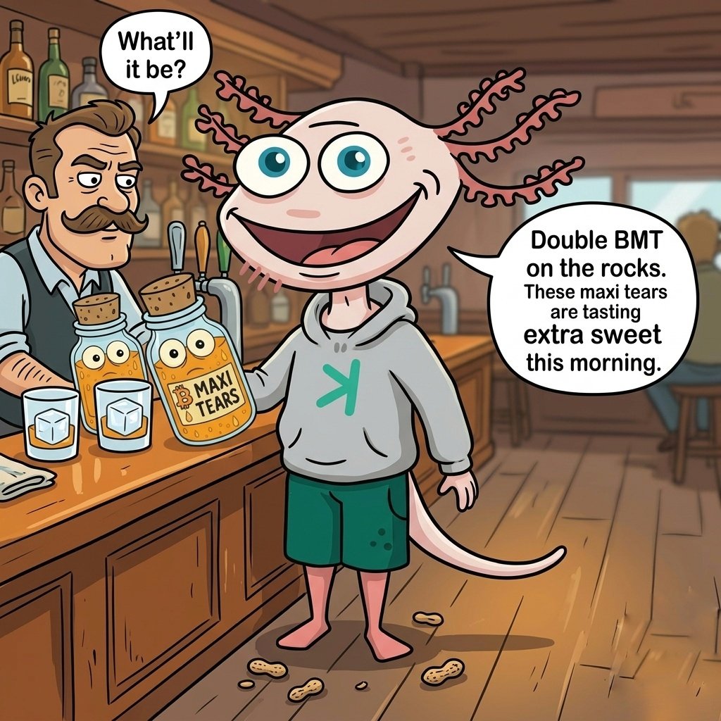 An axolotl walks into a bar.  

Bartender asks, “What’ll it be?”  

Axel slides two jars across the counter with a big grin and says:  

“Double BMT on the rocks. These maxi tears are tasting extra sweet this morning 😏”  

Shoutout to the legend <a href="/BTC_Maxi_Tears/">Bitcoin Maxi Tears- $BMT</a> 🫡 always a good