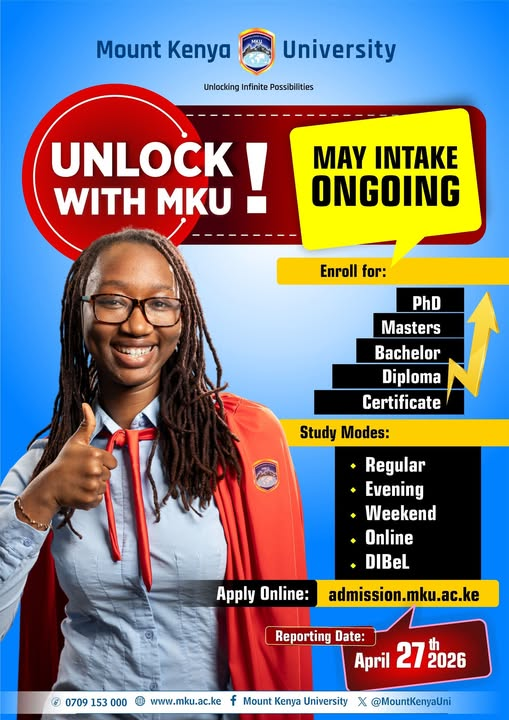 MountKenyaUni's tweet photo. Ready for your next level?  Your future won’t wait. Why should you? Unlock your📷now at Mount Kenya University — accredited, flexible, career-focused.
Apply in minutes: https://t.co/YRvhtUGRDB
Courses: https://t.co/wcEcP3U8Y3
Call:  0709 153 000

#UnlockwithMKU 
#MKUIntake https://t.co/VJDRdtJXF5