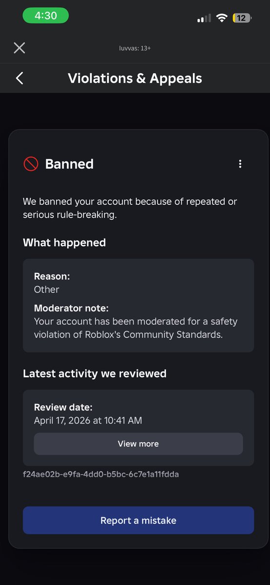 Gothicpopp's tweet photo. These false bans are getting out of hand not only did I get ban 4 days ago for NOTHING. I had just bought 10k robux that same day then 10 mins later  you’re banned for “safety violation”  THEN when I go to appeal, they switch it to “child endangerment “ @Roblox_RTC @Roblox https://t.co/ZGsgGf2tcX