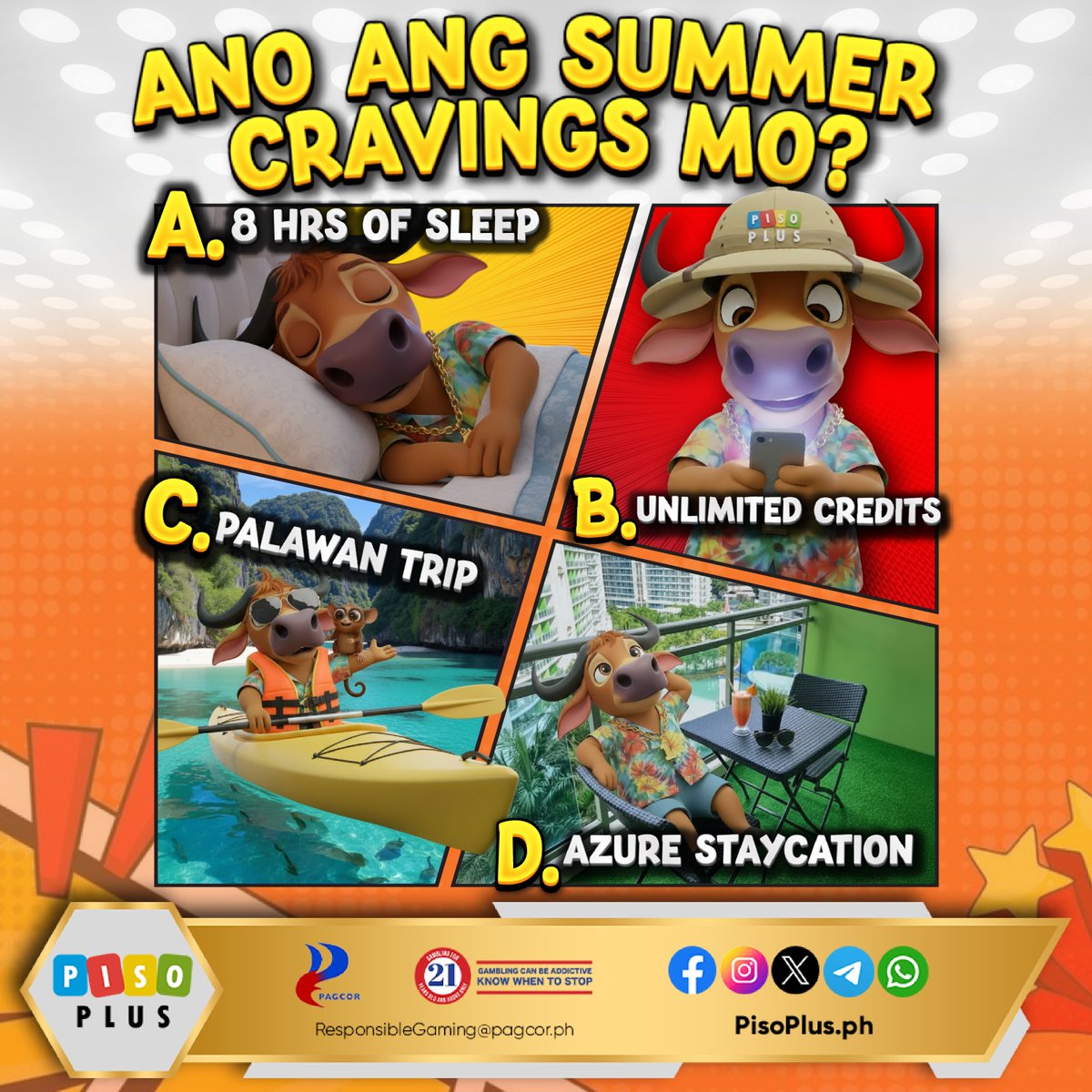 PisoPlus_PH's tweet image. Survey time! Ano ang summer cravings mo ngayon? comment your answer below, ka-Piso! ⬇️😉

Stay updated sa mga ganap—follow us on our socials 📌

#pisoplus #summervibes #SurveyTime #FunChoices #GoodTimes